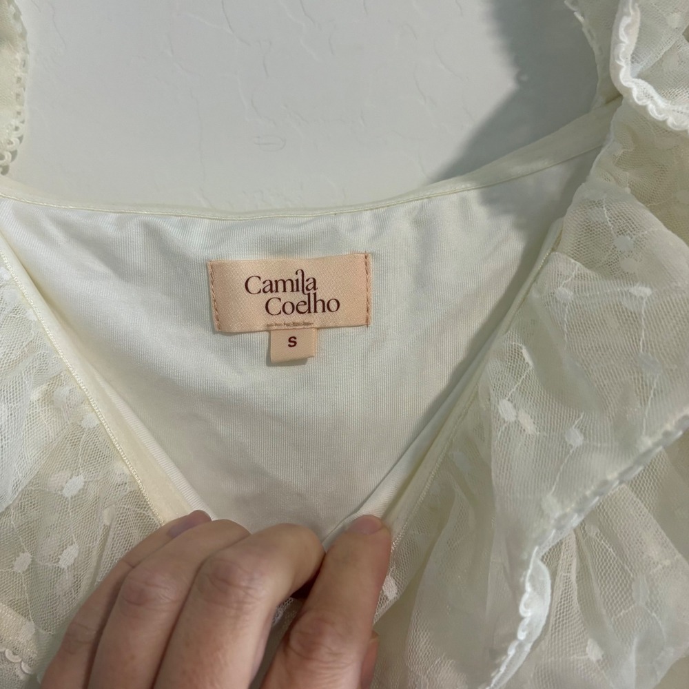 Camila Coelho Eva White Ruched Mini Dress Ruffle‎ Sleeve  Mesh Small NEW - Picture 5 of 8